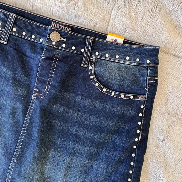 NWT Justice Denim mini skirt stud trim raw hem dark wash attached shorts 16 Plus - Picture 3 of 6
